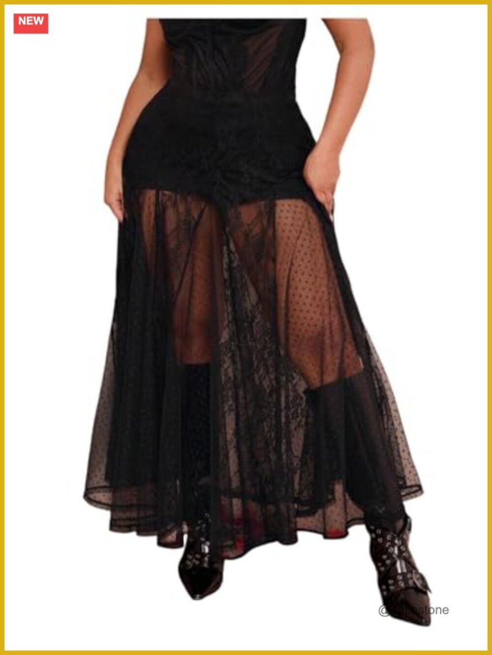 Plus Size Lace Mesh Sheer Maxi Skirt Flowy Flared High Waisted Tulle